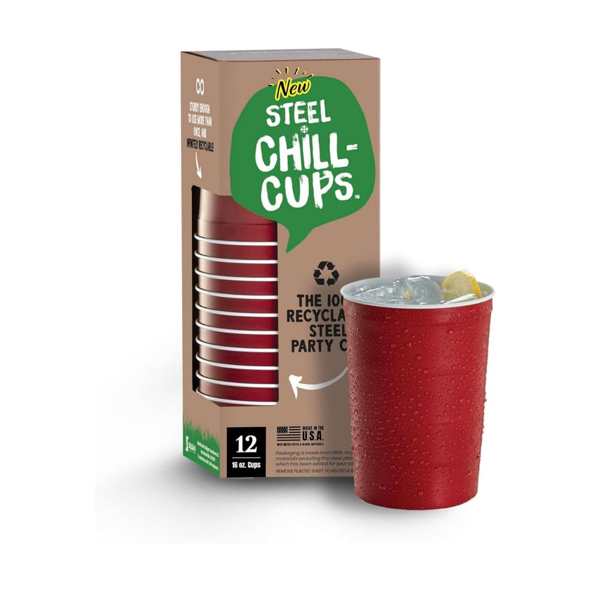 Steel Chill Cups 16 oz. Durable & Reusable Party Cups, Red, 12 Count