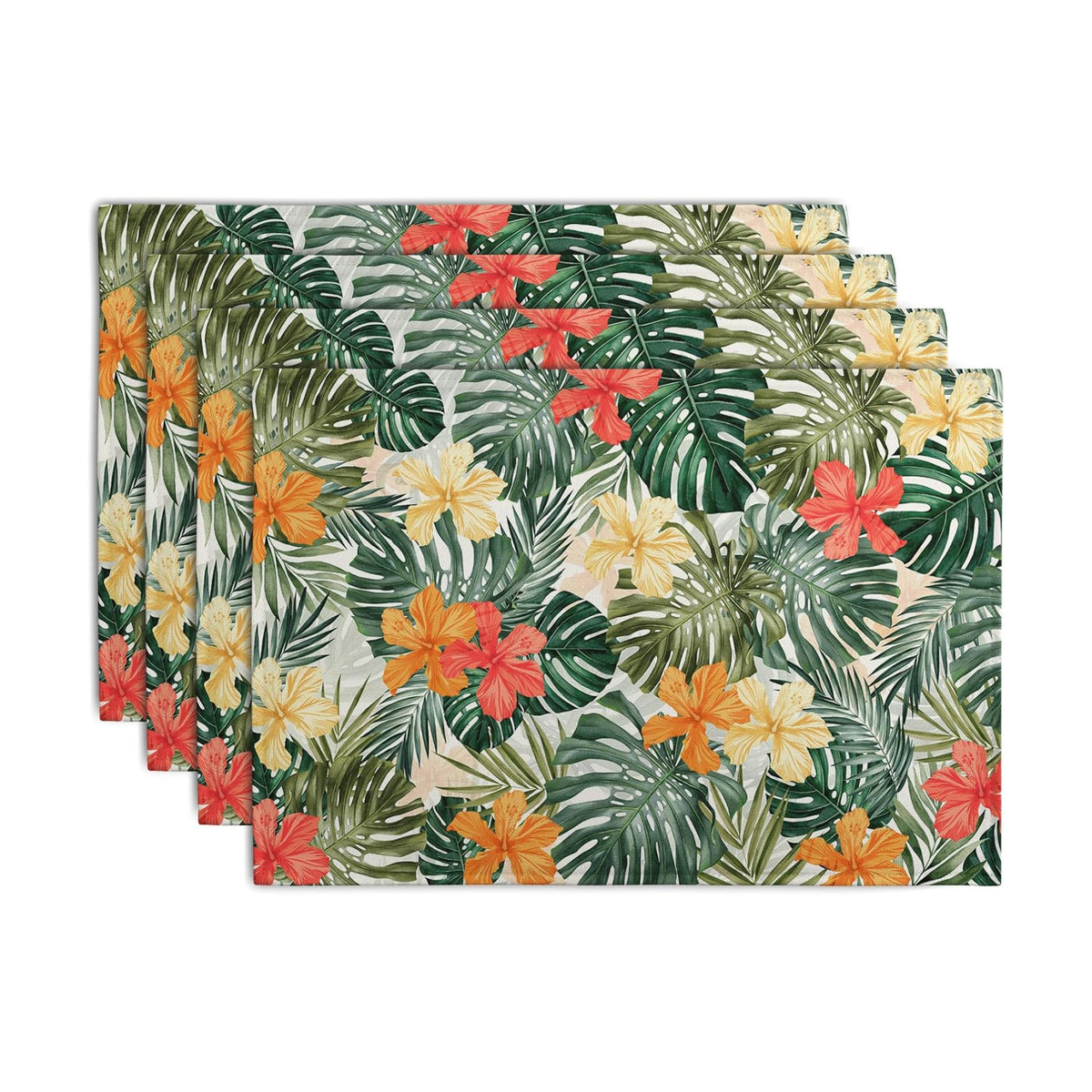 Tropical Palm Leaves Table Mats Set of 4 Summer Watercolor Hibiscus Flower Leaf Placement Mats for Dining Table Washable Non-Slip Heat Resistant Linen Place Mat 12×18 Inch