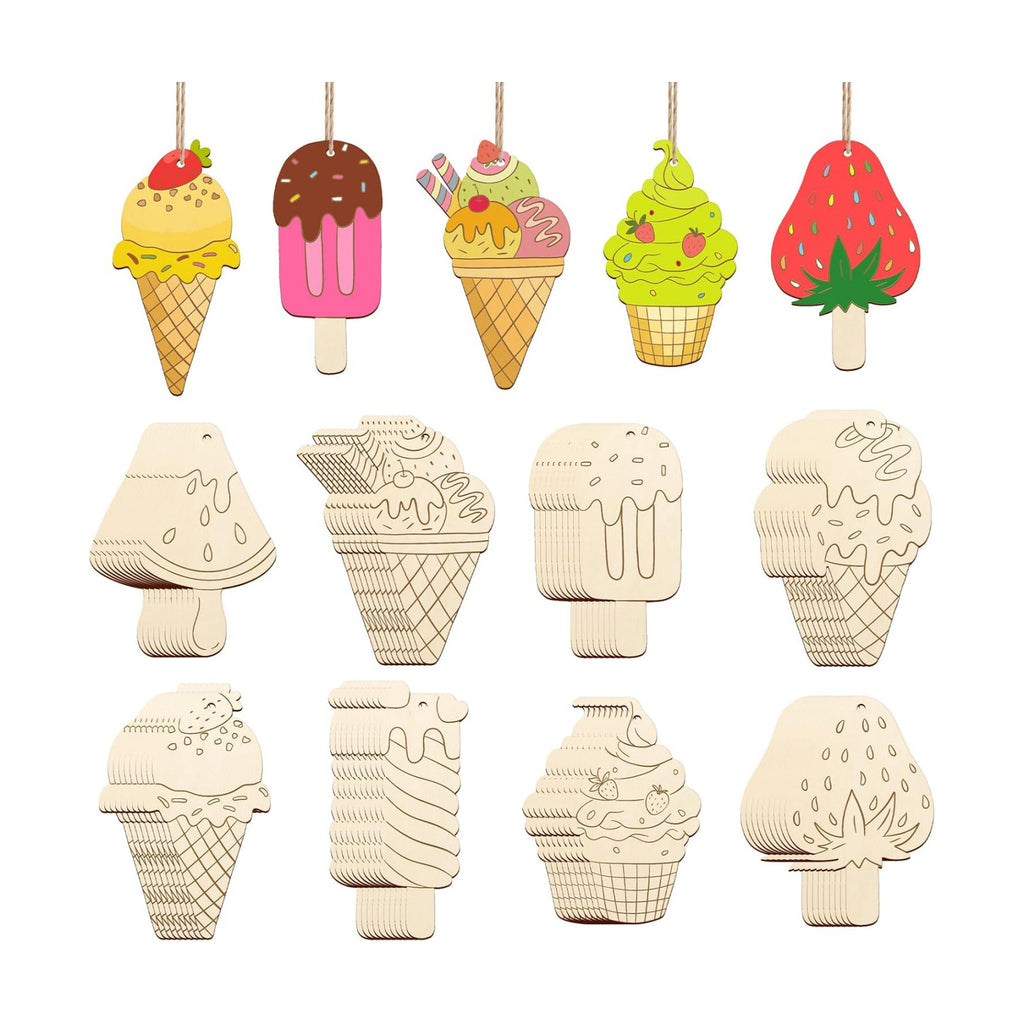 80PCS Wooden Ice Cream Cutouts Ornaments to Paint,Summer Decorations 8 Styles DIY Blank Unfinished Wood Cutouts Ornament for Crafts Hanging Decorations