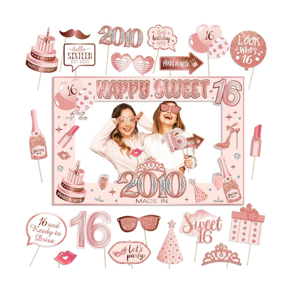 Sweet 16 Party Decorations for Girls, Sweet 16 Photo Booth Props Pink Rose Gold 16th Birthday Selfie Props with Photo Frame Kit Sweet Sixteen Happy Birthday Party Decorations Supplies Favors