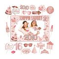 Sweet 16 Party Decorations for Girls, Sweet 16 Photo Booth Props Pink Rose Gold 16th Birthday Selfie Props with Photo Frame Kit Sweet Sixteen Happy Birthday Party Decorations Supplies Favors