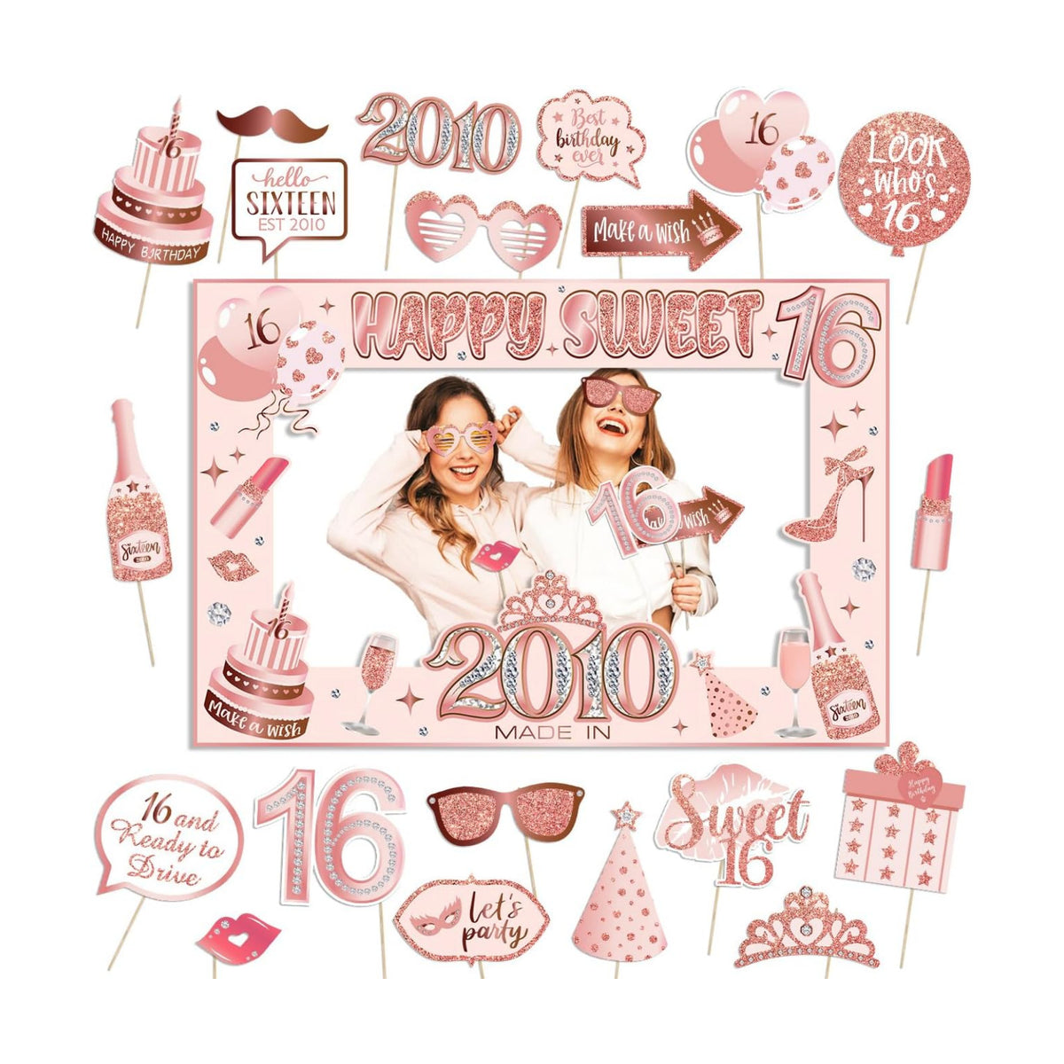 Sweet 16 Party Decorations for Girls, Sweet 16 Photo Booth Props Pink Rose Gold 16th Birthday Selfie Props with Photo Frame Kit Sweet Sixteen Happy Birthday Party Decorations Supplies Favors