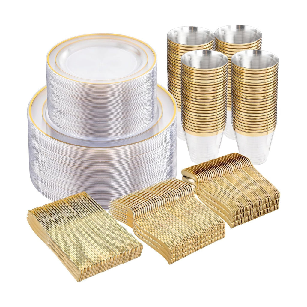 WELLIFE Clear Plates with Gold Trim, 600-Piece Plastic Dinnerware Set