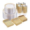 WELLIFE Clear Plates with Gold Trim, 600-Piece Plastic Dinnerware Set