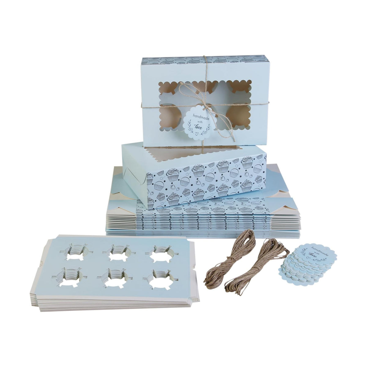 Cupcake and Muffin Boxes (Pack of 20), Fits 6 Treats comes with Insert trays, Tags and Twine (Blue)