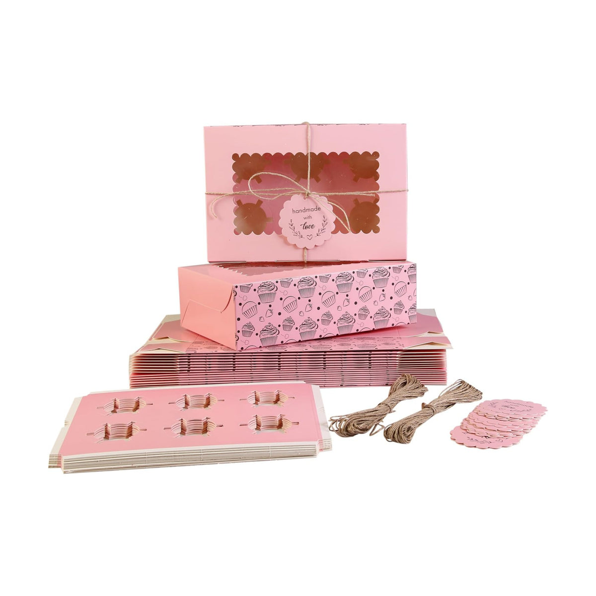 Cupcake Boxes with Insert trays (Pack of 20), Pink Cupcake Carrier, Food Grade Bakery Boxes with Windows and Inserts to Fit 6 Cupcakes Muffins or Pastries