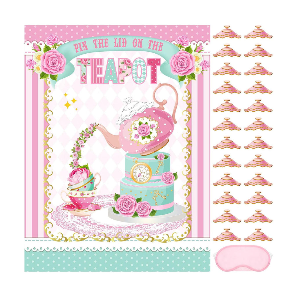 Faccito Tea Party Games Pin The Lid on The Teapot with 24 Lid Stickers Pink Blindfold Floral Poster Pin Games Set Birthday Decorations for Women Let's Par Tea Birthday Party Activity Supplies