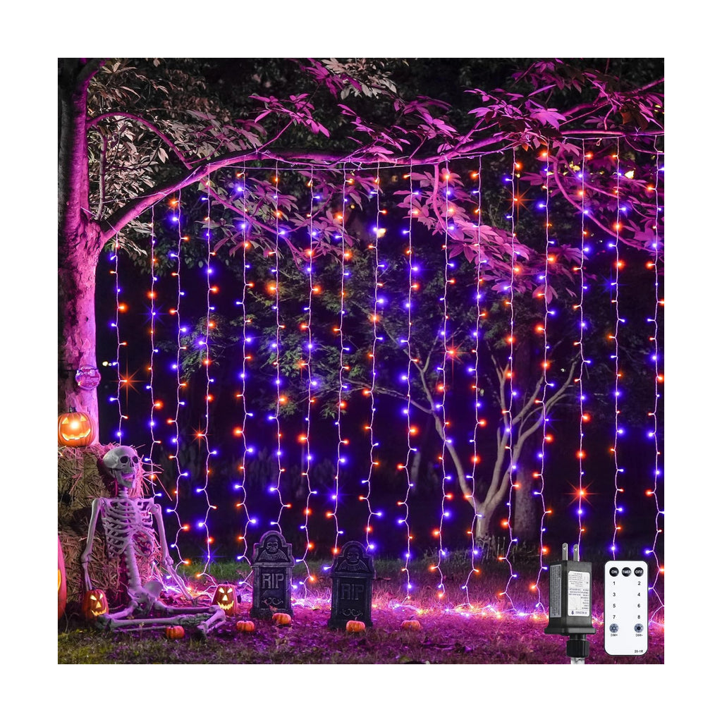 JMEXSUSS 300LED Halloween Curtain Lights, Orange and Purple, 9.8x9.8ft