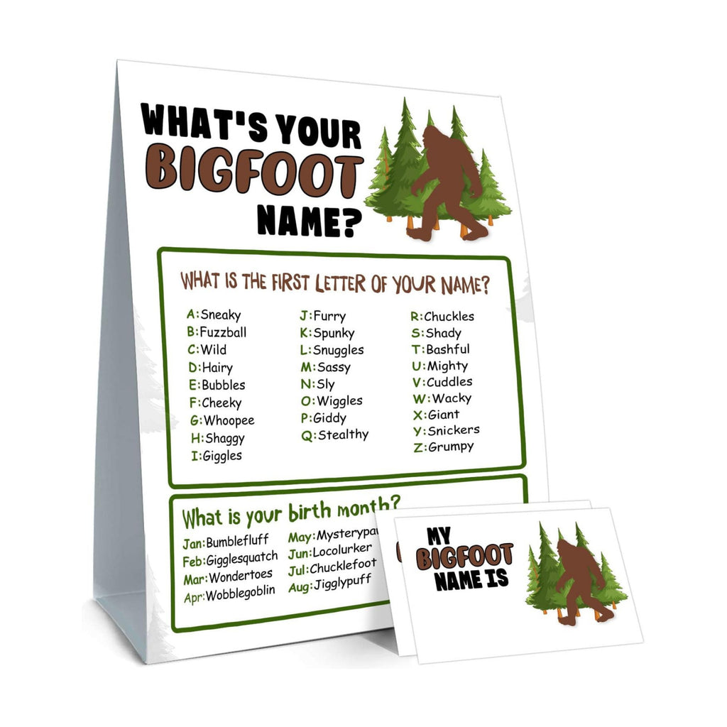 Bigfoot Birthday Party Decorations-Birthday Party Games,Bigfoot Theme Birthday Party Sign for Boys Girls,Kids Bigfoot Activity Cards,Bigfoot Activity Decoration Supplies,What's your Bigfoot Name