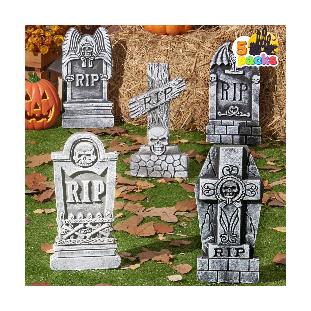 JOYIN 17” Halloween Foam RIP Graveyard Tombstones (5 Pack), Halloween Tombstones Decorations Outdoor for Graves With 12 Metal Stakes For Cemetery Yard Lawn Party Decor