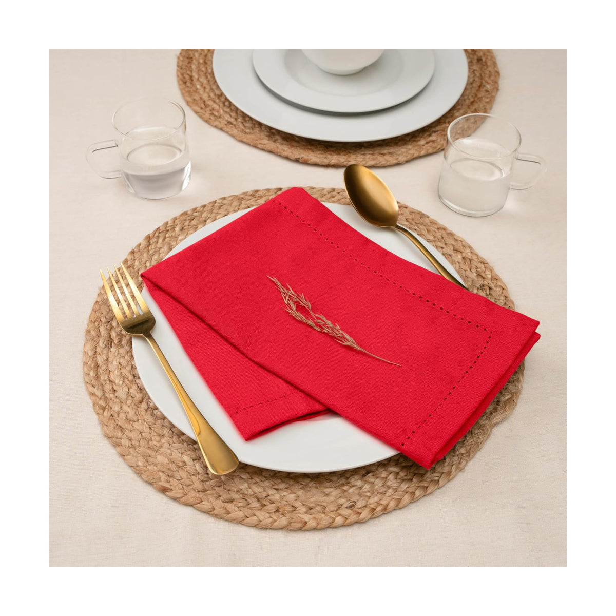 Blue Needles Set of 6 Hemstitch Linen Napkins 100% Cotton Red Cloth Dinner Napkins 18x18 inches, Soft, Reusable, Absorbent, Washable, Ideal for Spring Summer Easter Events, Parties & Everyday Use