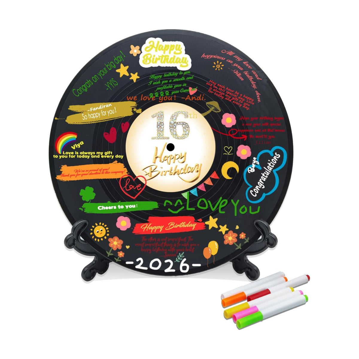 Vinyl Record Sweet 16 Birthday Decorations 11.6"X11.6", 16th birthday decorations Party Favor Sign Poster, 16th Birthday Guest Book Alternative, Great Sweet 16 Gifts for Girls or Boys (16 Years Old)