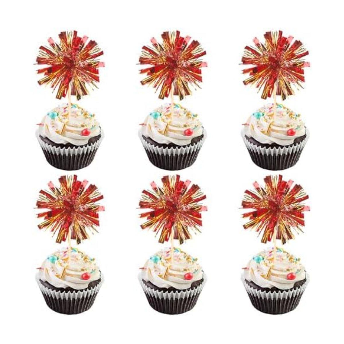 30 PCS Foil Firework Cupcake Toppers Sparkle Tinsel Cupcake Picks Happy Birthday Cake Decorations Drink Stirrers Cocktail Food Fruit Toothpicks for Baby Shower Graduation Party Supplies Red Gold