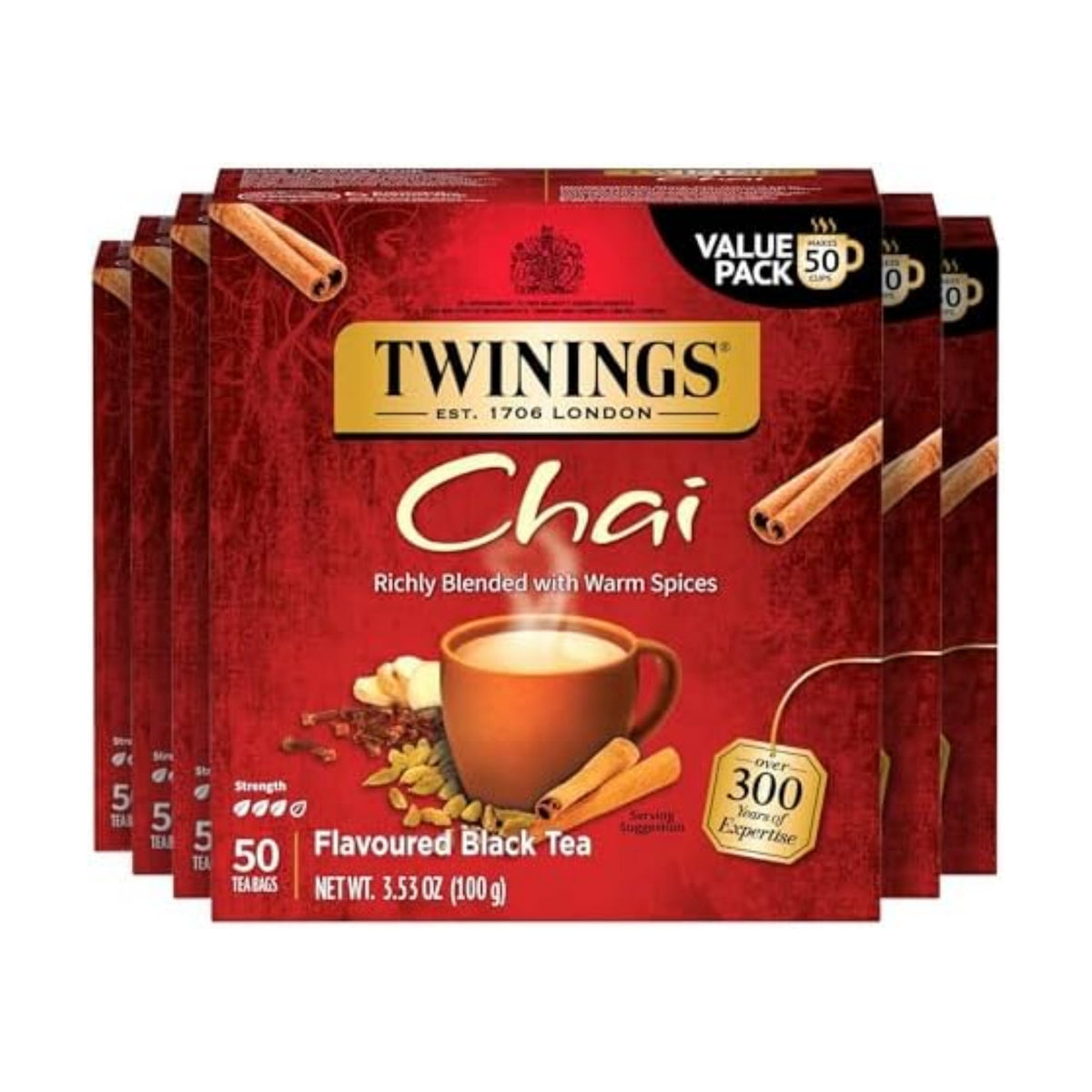 Twinings Chai Black Tea Individually Wrapped Bags, 50 Count (Pack of 6), Sweet, Savoury Spices, Caffeinated, Enjoy Hot or Iced, 300 Teabags