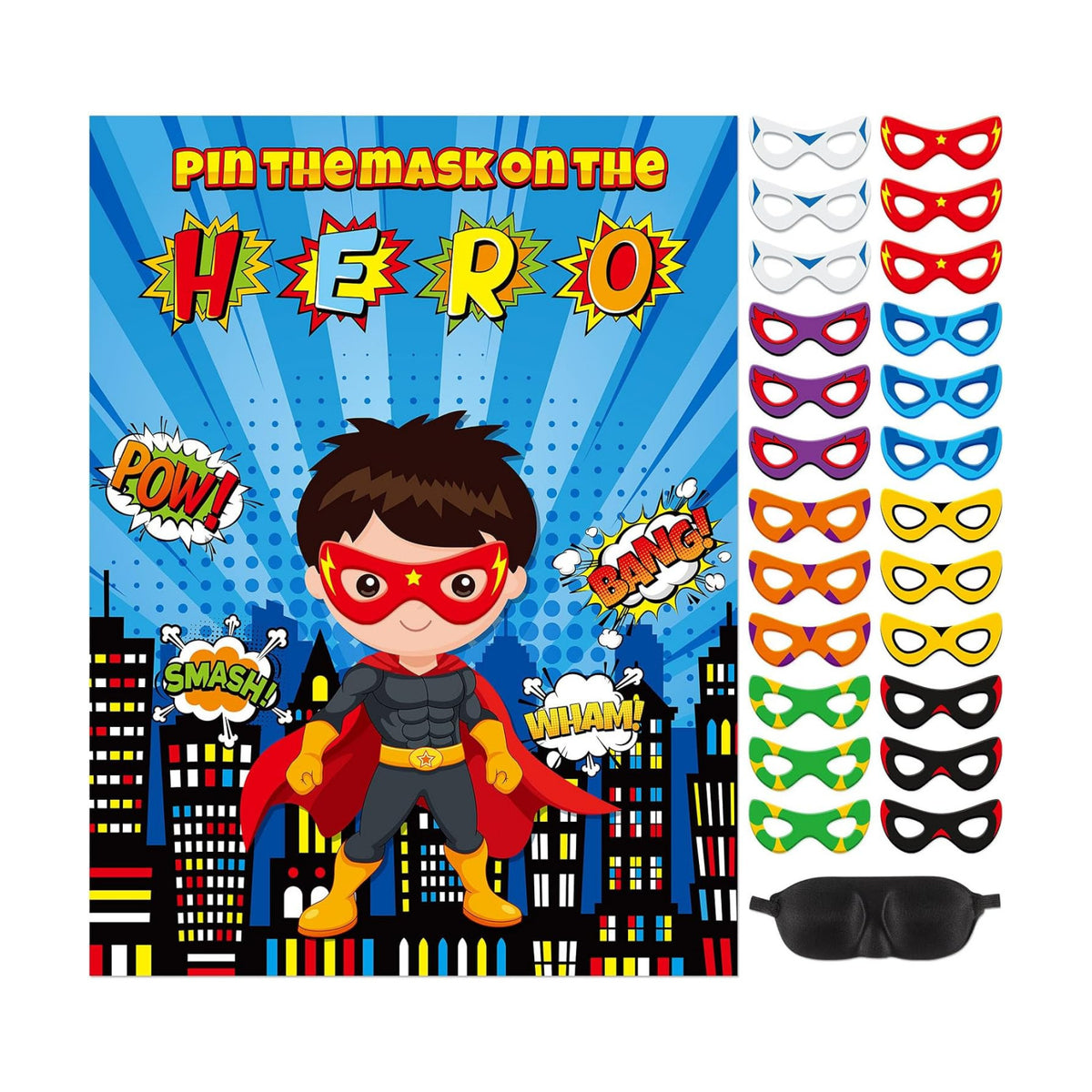 Faccito Hero Party Games Pin Mask on The Cityscape Poster