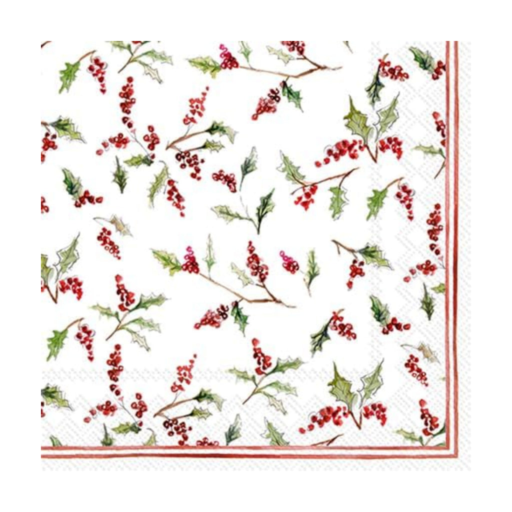 IHR Ideal Home Range Party Napkins Disposable 3-Ply Paper Lunch Napkin Pack, 6.5" x 6.5", Christmas Ilex Berries, 20-Count