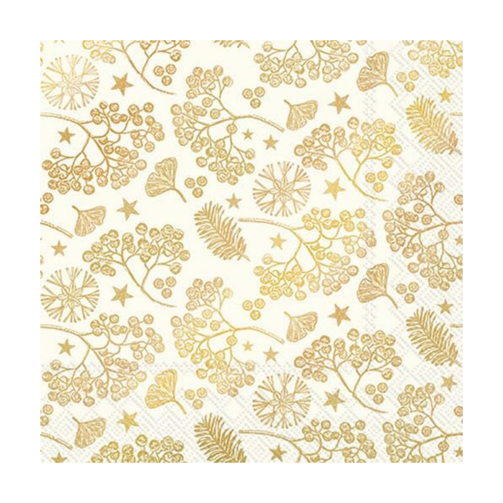 IHR Ideal Home Range Party Napkins Disposable 3-Ply Paper Lunch Napkin Pack, 6.5" x 6.5", Bright Winter Branches (Cream & Gold), 20-Count
