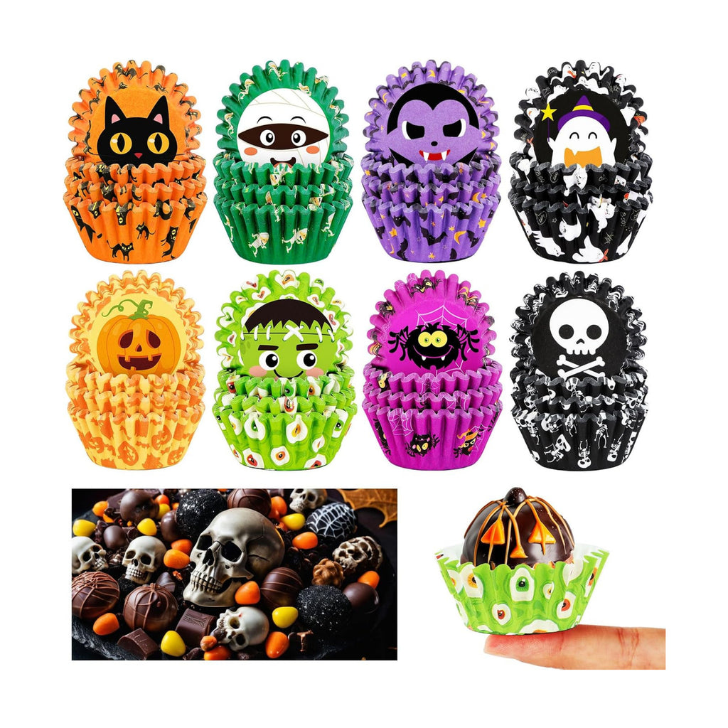 AUGSUN 800pcs Halloween Mini Cupcake Liners Paper Cups, 8 Designs
