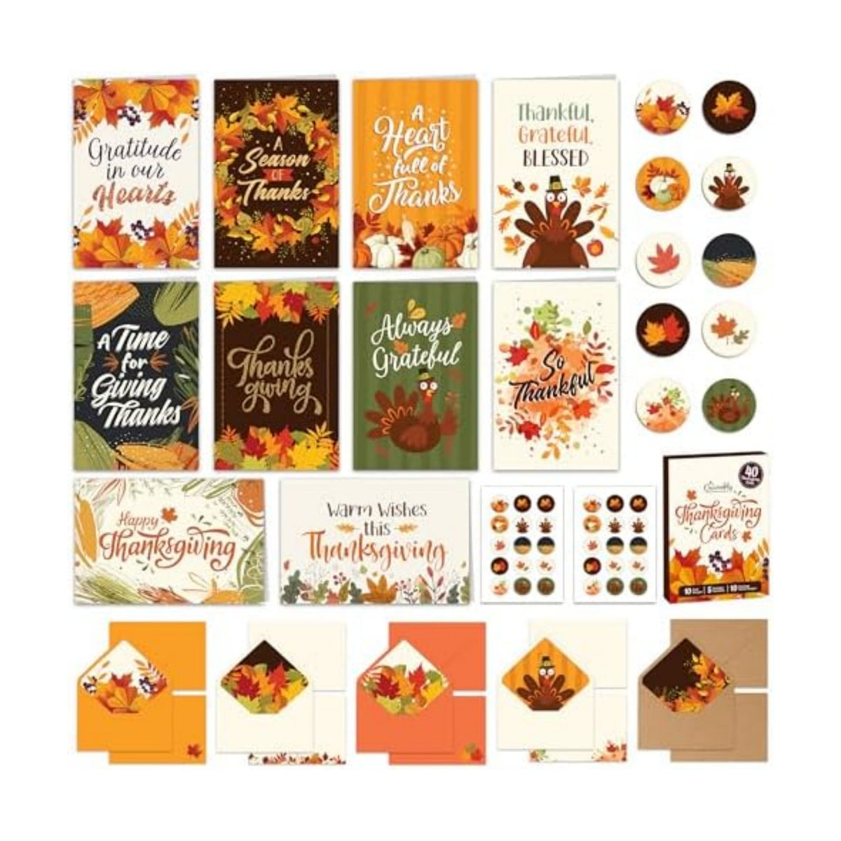 Decorably 40 Pack Happy Thanksgiving Cards with Envelopes, 10 Card Designs
