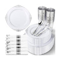 Nervure 350Pcs Silver Plastic Plates, Plastic Dinnerware Set for 50 Guests
