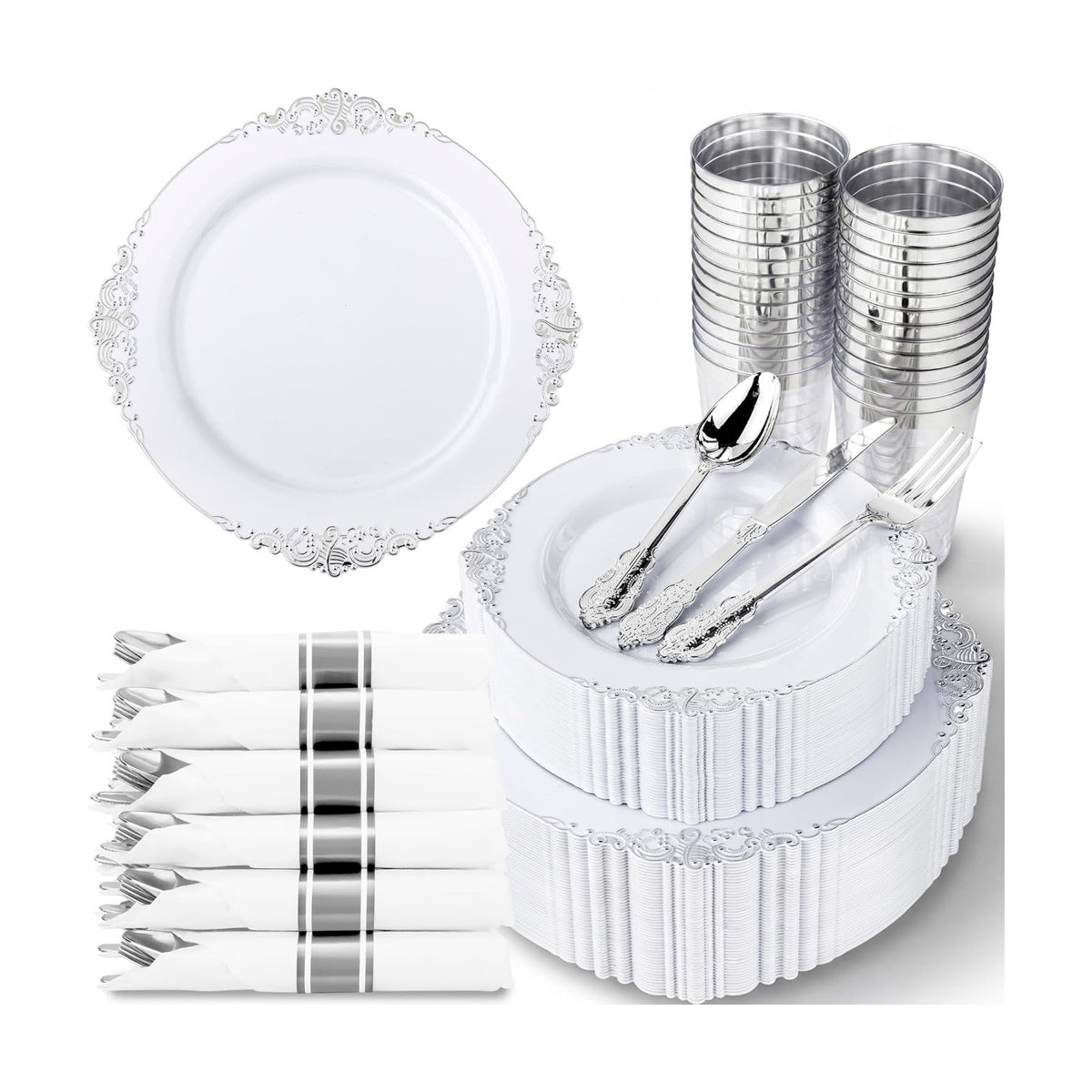 Nervure 350Pcs Silver Plastic Plates, Plastic Dinnerware Set for 50 Guests