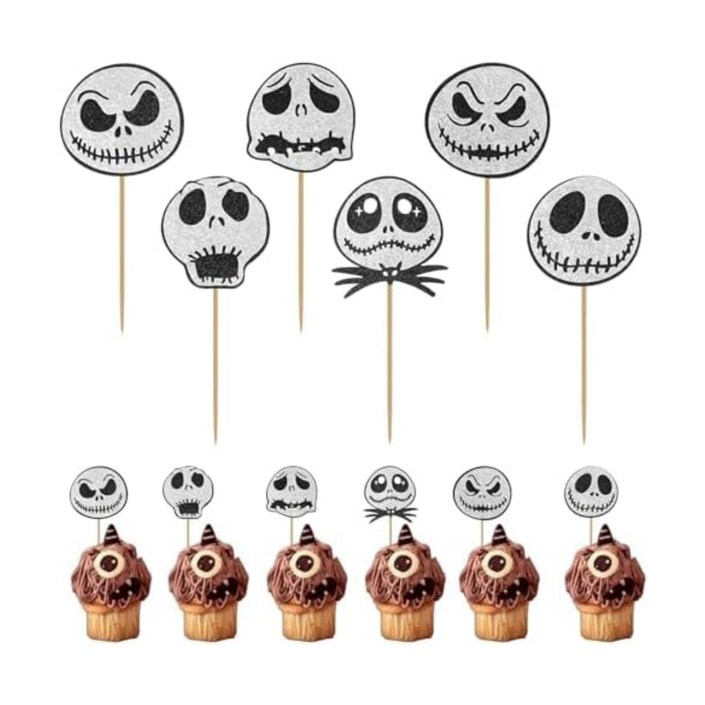 Halloween Cupcake Toppers, Cake Decorations, 12PCS Glitter Skull Jack Cake Toppers for Nightmare Before Christmas, Ghost