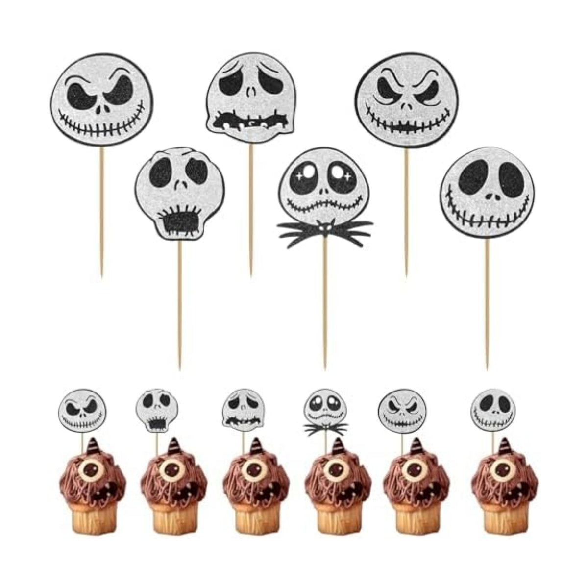 Halloween Cupcake Toppers, Cake Decorations, 12PCS Glitter Skull Jack Cake Toppers for Nightmare Before Christmas, Ghost
