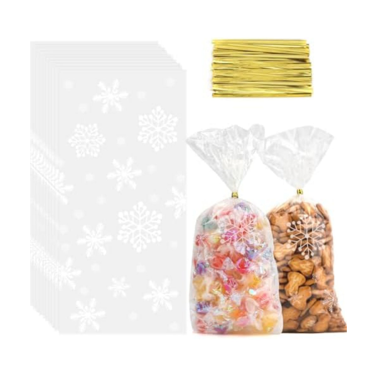 Snowflake Christmas Treat Bags, 200PCS Winter Cellophane Bags, Plastic Xmas Clear Frozen Cookie Candy Snack Goodie Gift Bag with Twist Ties for Christmas Winter Holiday Party Favors Supplies
