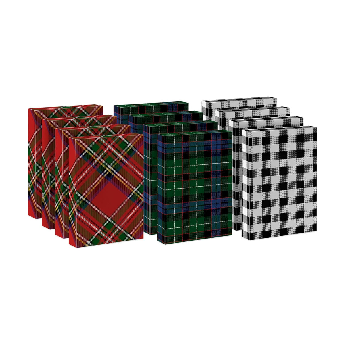 Hallmark Medium Christmas Gift Boxes with Lids (12 Shirt Boxes, 3 Designs: Blue, Green, Red Plaid, Black Buffalo Check) for Christmas, Hanukkah, Birthdays, Father's Day