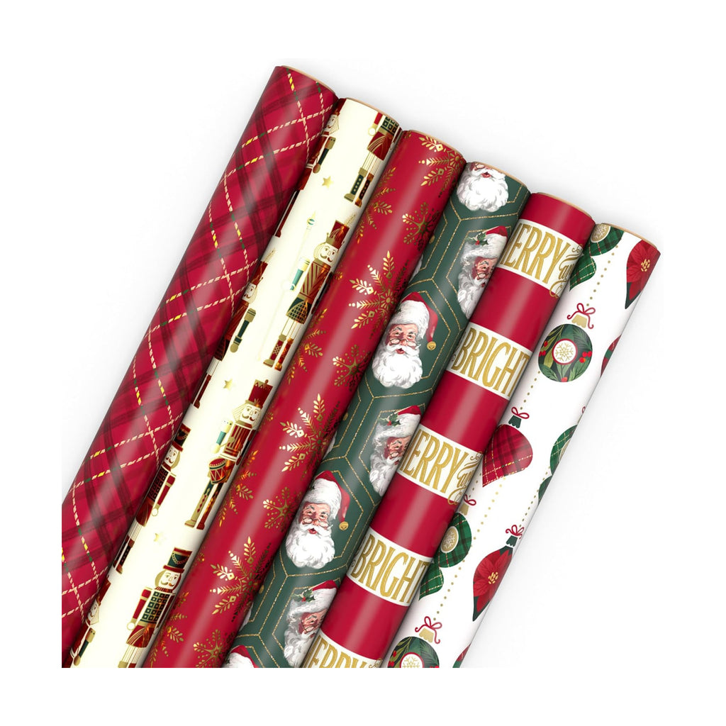Hallmark Christmas Wrapping Paper Rolls with Cutlines on Reverse (6 Rolls: 150 Sq. Ft. Total) Santa Claus, Nutcrackers, Plaid, Snowflakes, Ornaments