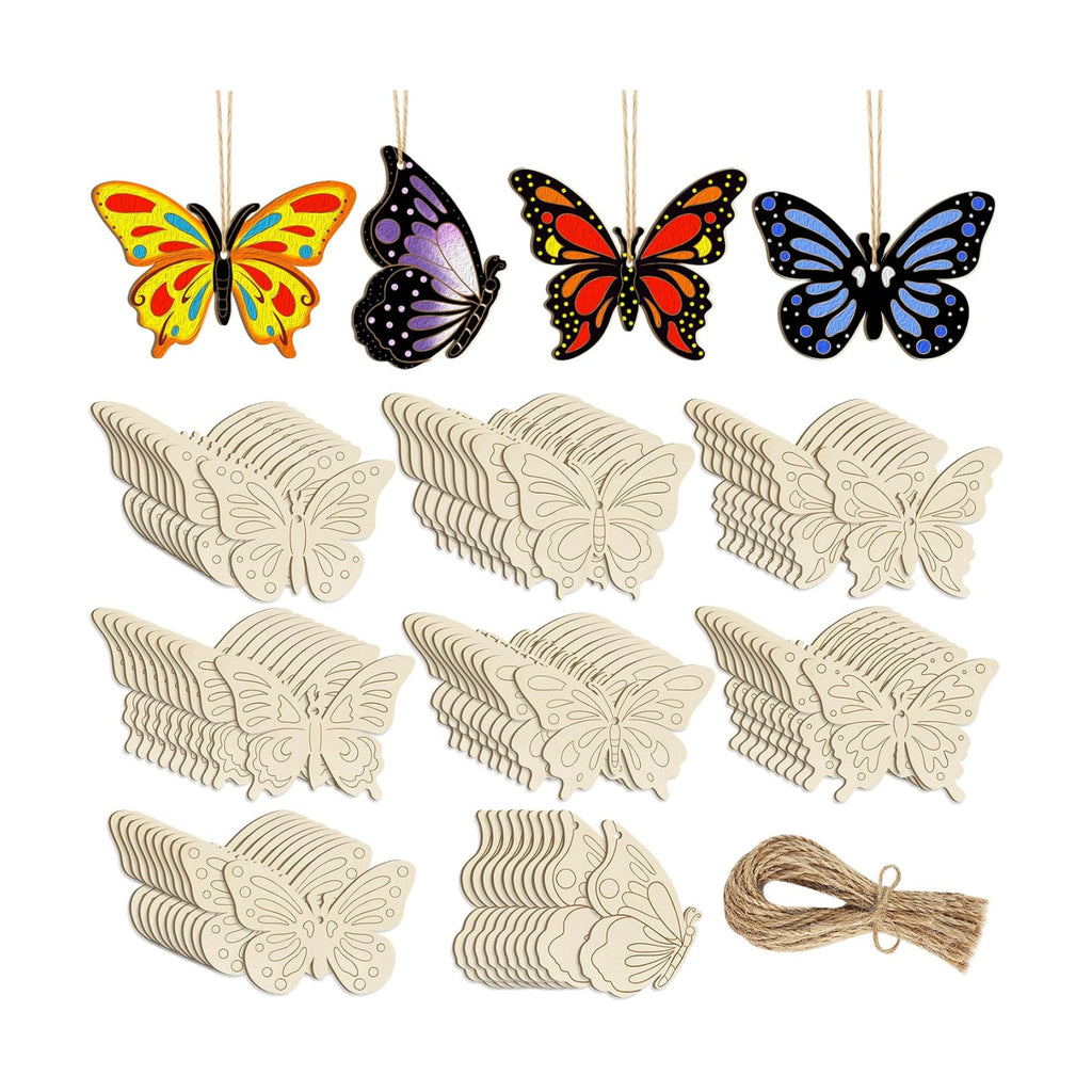 80PCS Wooden Spring Ornaments to Paint Butterfly Cutouts, 8 Styles DIY Blank Unfinished Wood Butterfly Cutouts Ornament for Home Crafts Hanging Decorations