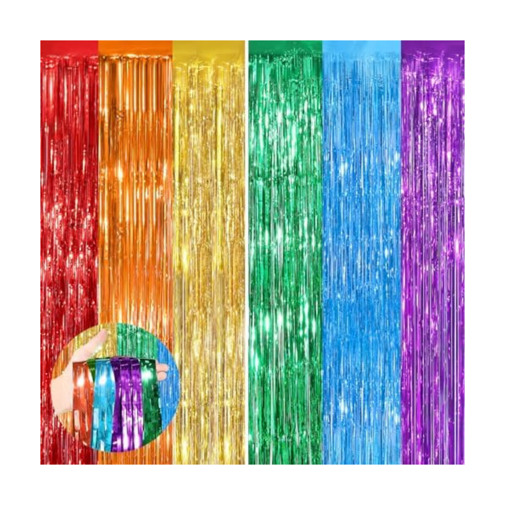 Rainbow Party Backdrop, 2Pack 3.3x8.3Ft Metallic Tinsel Foil Fringe Curtain