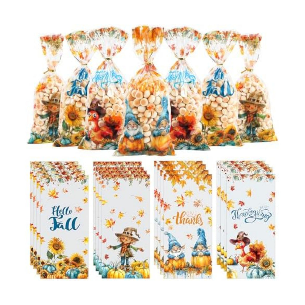 FOIMAS 160pcs Fall Cellophane Bags Thanksgiving Candy Treat Bags Maple Leaves Pumpkin Goody Snack Bag for Fall Thanksgiving Harvest Party Favor Supply
