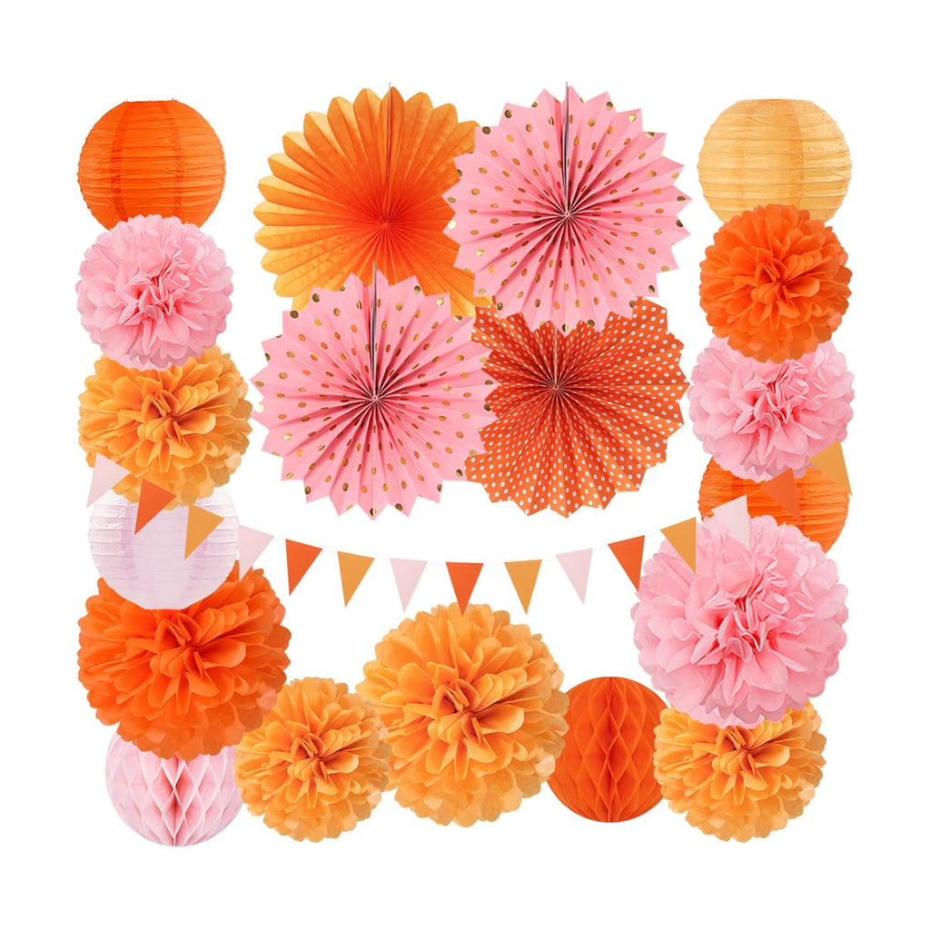 Pink-Orange Groovy Party-Decorations - 20pcs Fall Autumn Thanksgiving Harvest Paper Streamers Lanterns Fans,Tissue Pom Poms,Honeycomb Balls,Bunting,Birthday Baby Bridal Shower Wedding Decor Burgleda