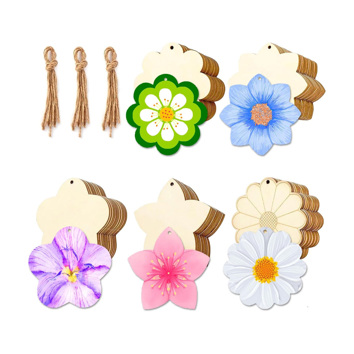 Flower 30pc 5Types Unfinished Wooden Gift Ornaments DIY Craft Birthday Present - Paintable Blank Natural Flower Cutouts Hanging Wood Slices for Kids Art Crafts DIY Gift Party Supplies