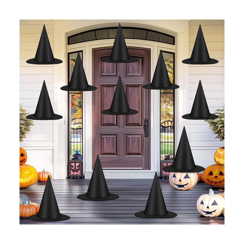 12 PCS Halloween Witch Hats, Black Hanging Witch Hats Porch Yard Decor