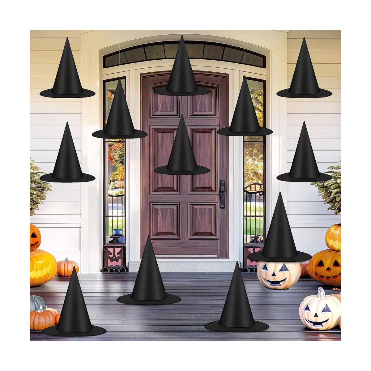 12 PCS Halloween Witch Hats, Black Hanging Witch Hats Porch Yard Decor