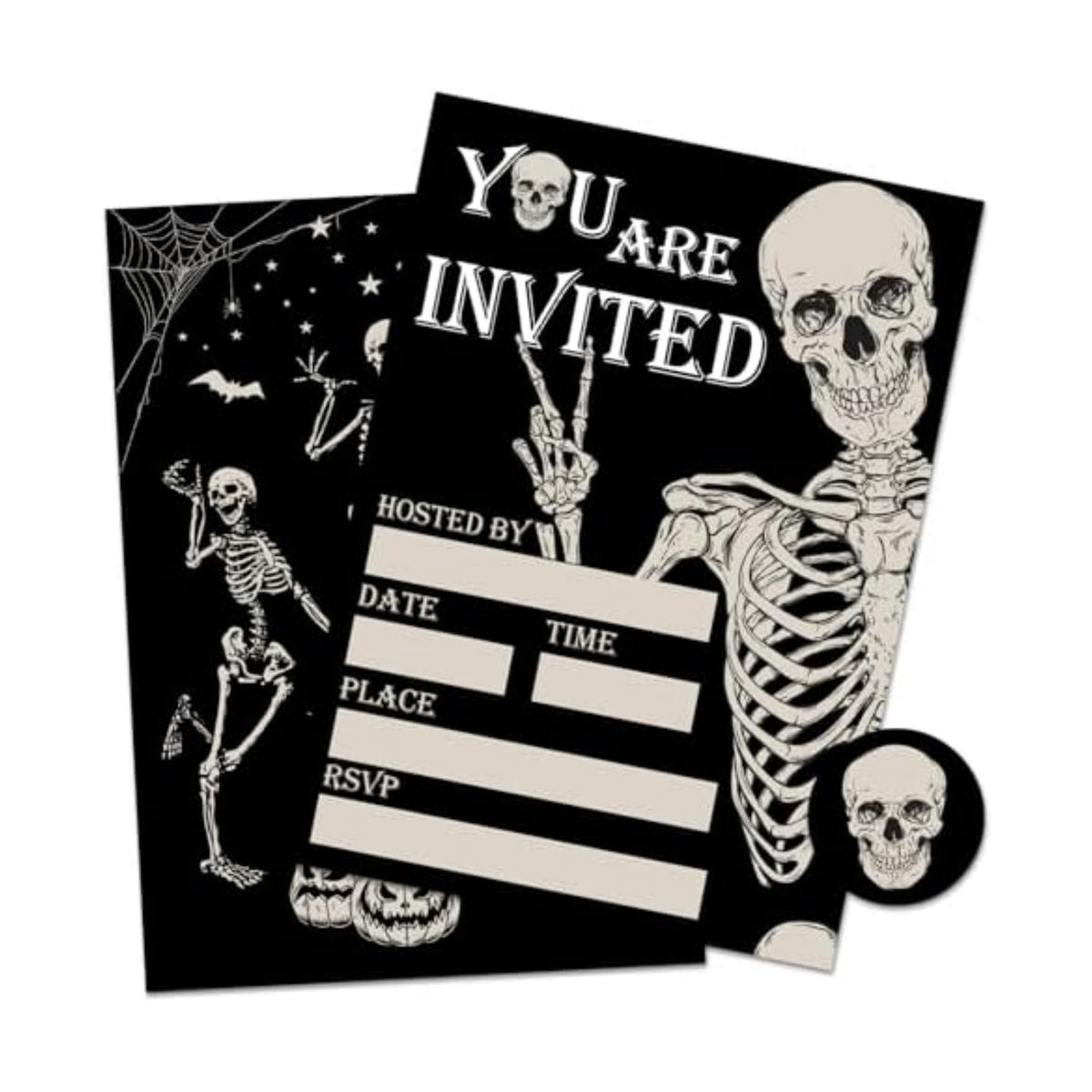 Whaline 25 Sets Halloween Invitations with Envelopes Stickers Black Dancing Skeleton Invitation Cards Blank Invites for Birthday Party Supplies, 5 x 7 Inch