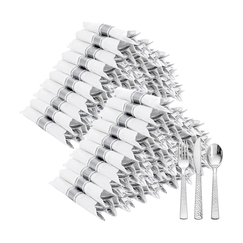 400PCS Silver Wrapped Silverware Set Disposable Hammered for Wedding