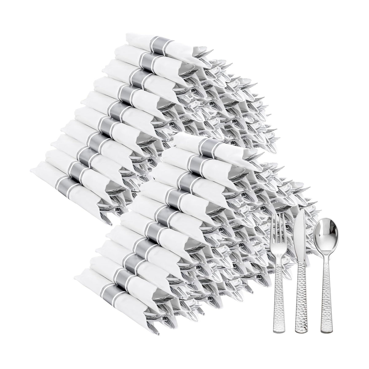 400PCS Silver Wrapped Silverware Set Disposable Hammered for Wedding
