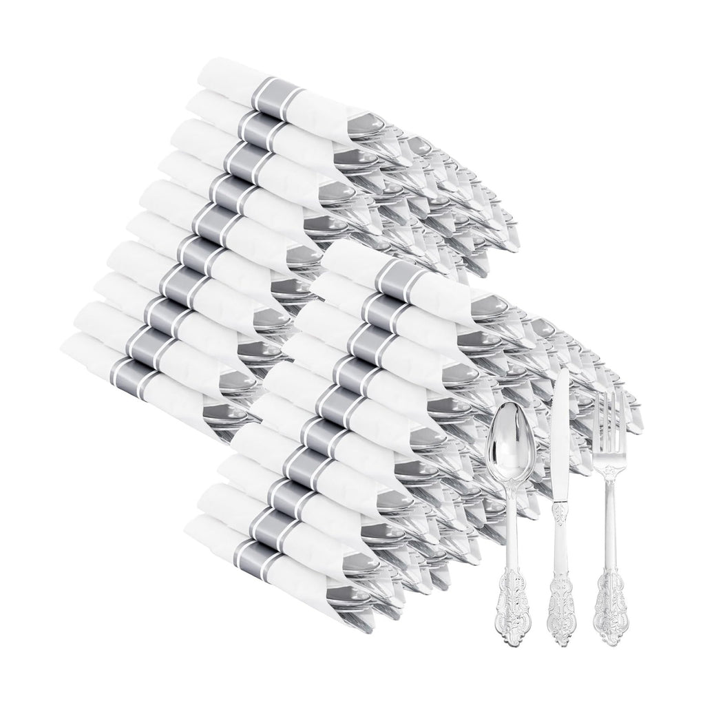400PCS Pre Rolled Silver Plastic Silverware Sets Fancy for Wedding