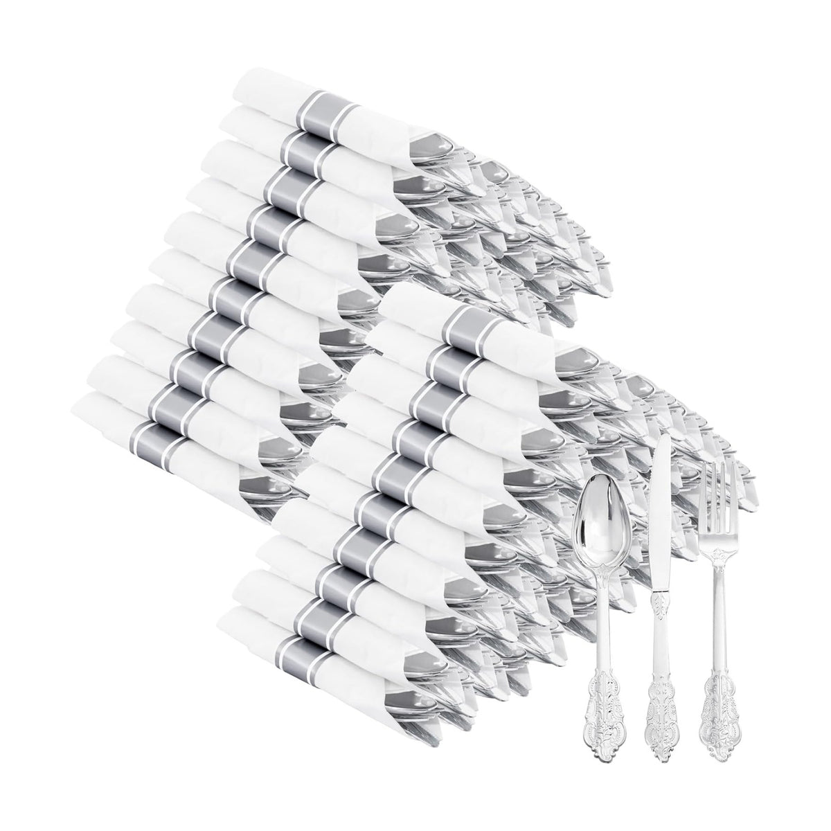 400PCS Pre Rolled Silver Plastic Silverware Sets Fancy for Wedding