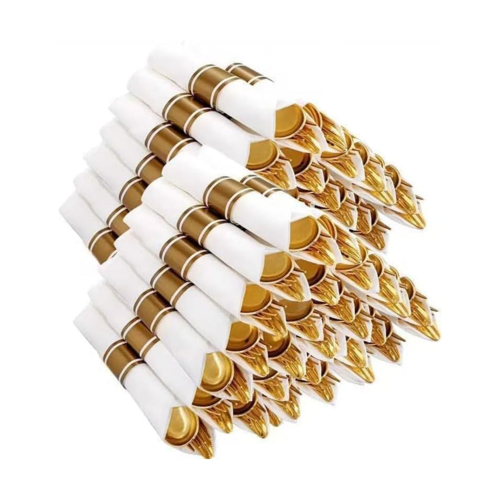 400PCS Pre Rolled Gold Plastic Silverware Set Heavy Duty for Wedding
