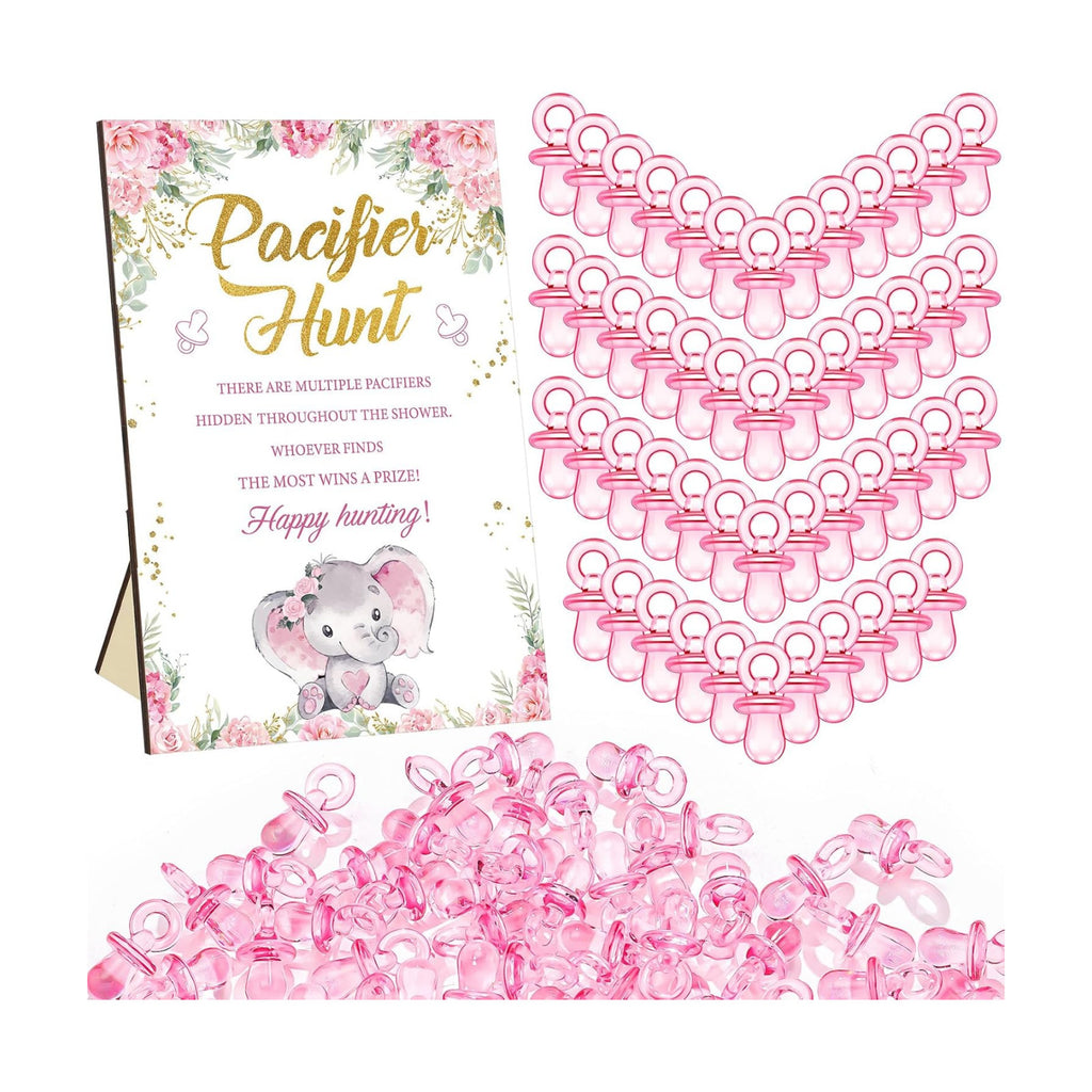 Thyle 51 Pcs Pink Elephant Pacifier Hunt Baby Shower Games Include Hunt Sign 50 Acrylic Pacifiers It's a Girl Pink Elephant Theme Baby Shower Game Decoration Gift Sets for Gender Reveal Party Decor