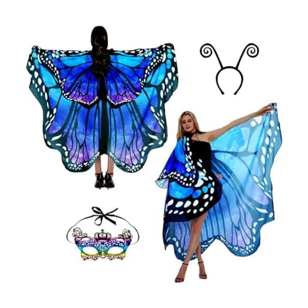 Adult Butterfly Costume Women Monarch Butterfly Wings Cape Shawl Halloween 3Pcs Mask Hairband