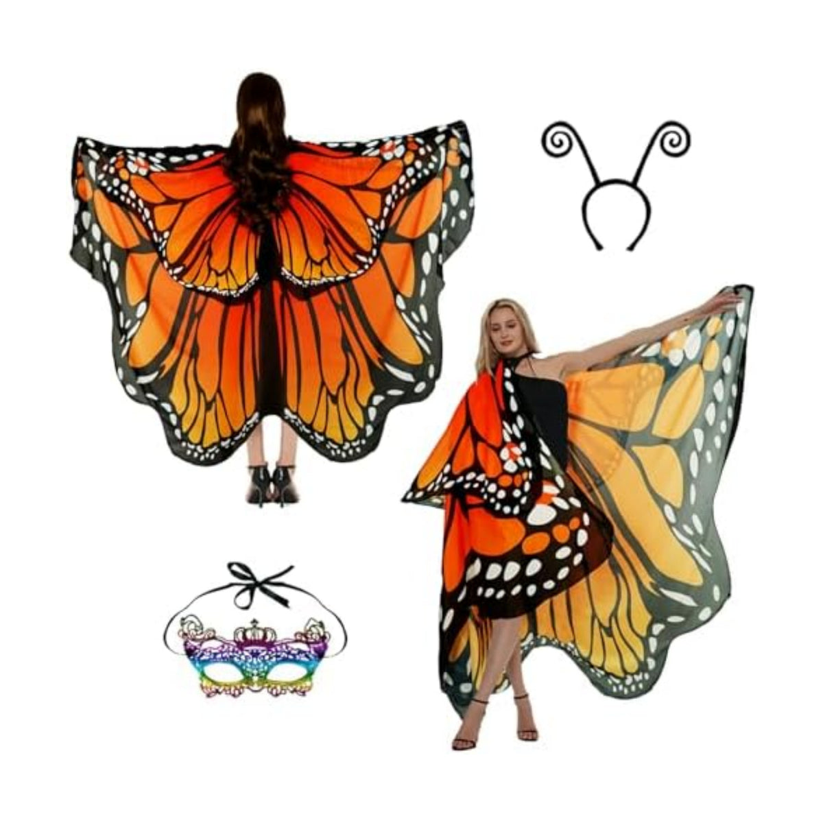 Adult Butterfly Costume Women Monarch Butterfly Wings Cape Shawl Halloween 3Pcs Mask Hairband