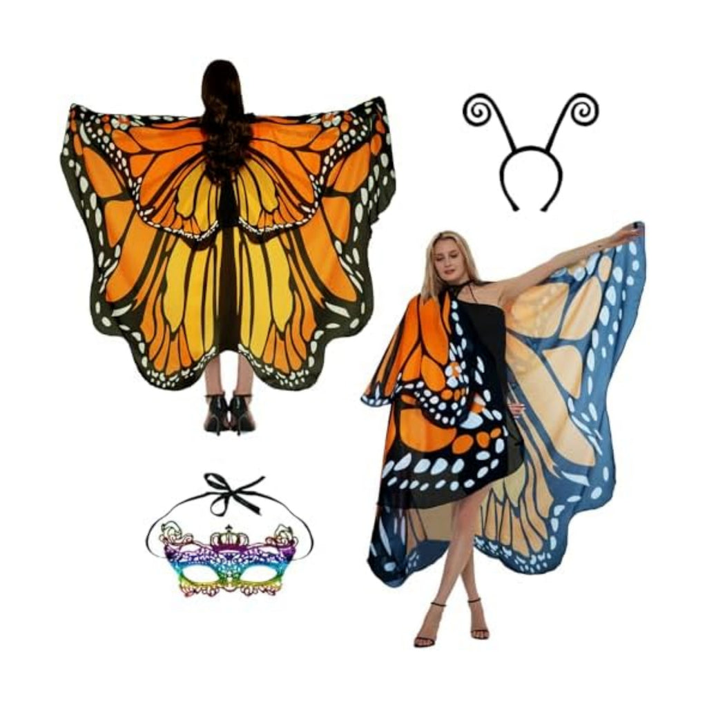 Adult Butterfly Costume Women Monarch Butterfly Wings Cape Shawl Halloween 3Pcs Mask Hairband