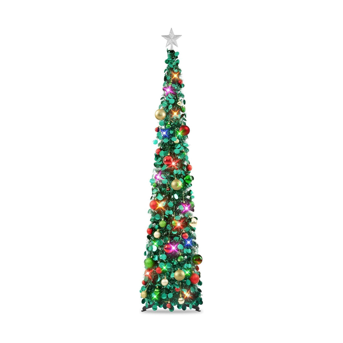N&T NIETING Pop Up Christmas Tree with Lights & 40 Balls, 6Ft Collapsible Green Tinsel Tree Decorations, Skinny Christmas Tree for Holiday Home Office Decor, Green