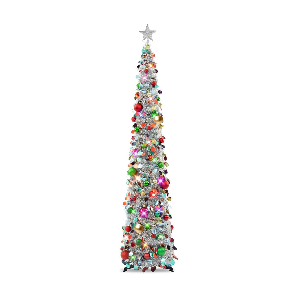 N&T NIETING Pop Up Christmas Tree with Lights, Collapsible Tinsel Xmas Tree Decorations, Pencil Christmas Tree Skinny Tree for Holiday Xmas Home Office Decor, 40 Balls, 6Ft, Silver