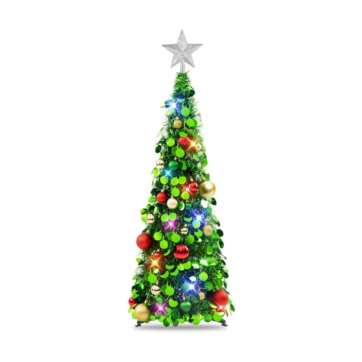 N&T NIETING Pop Up Christmas Tree with Lights, Collapsible Tinsel Xmas Tree Decorations, Pencil Christmas Tree Skinny Tree for Holiday Xmas Home Office Decor, 25 Balls, 3Ft, Green